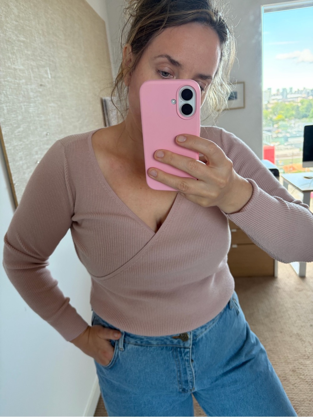 Ballet style ribbed Wrap-Style Knit Top in Dusty Rose